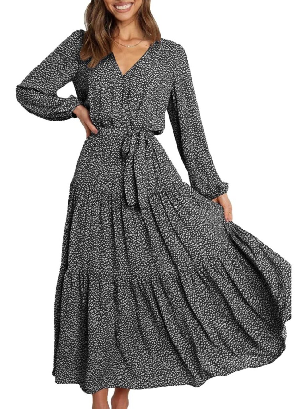 Women's Floral Black Long Sleeve Casual Boho Wrap Wedding Guest Maxi Dresses